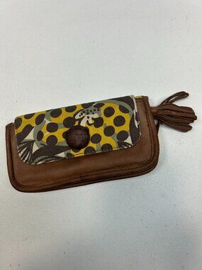Anthropolgie LUCKY PENNY Leather Canvas Wallet Lg Button Detail Yellow & Brown